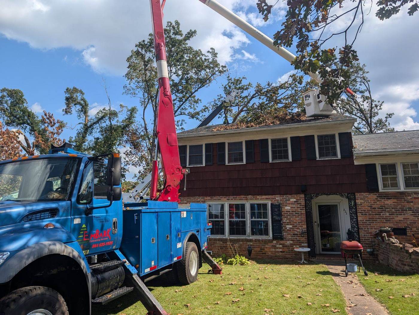 Blue Embark bucket truck working a tree removal